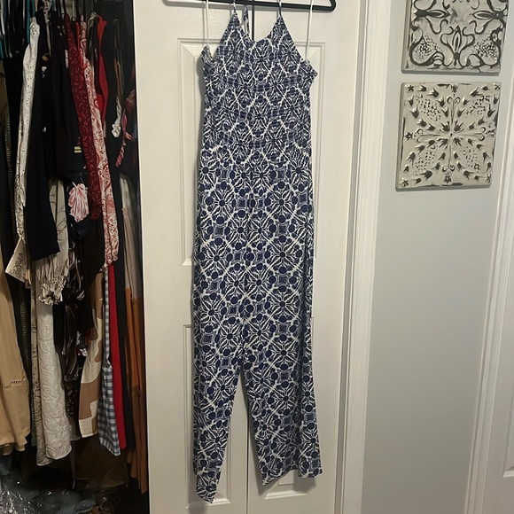 Patrons of Peace Pants - Blue and White Halter Jumpsuit